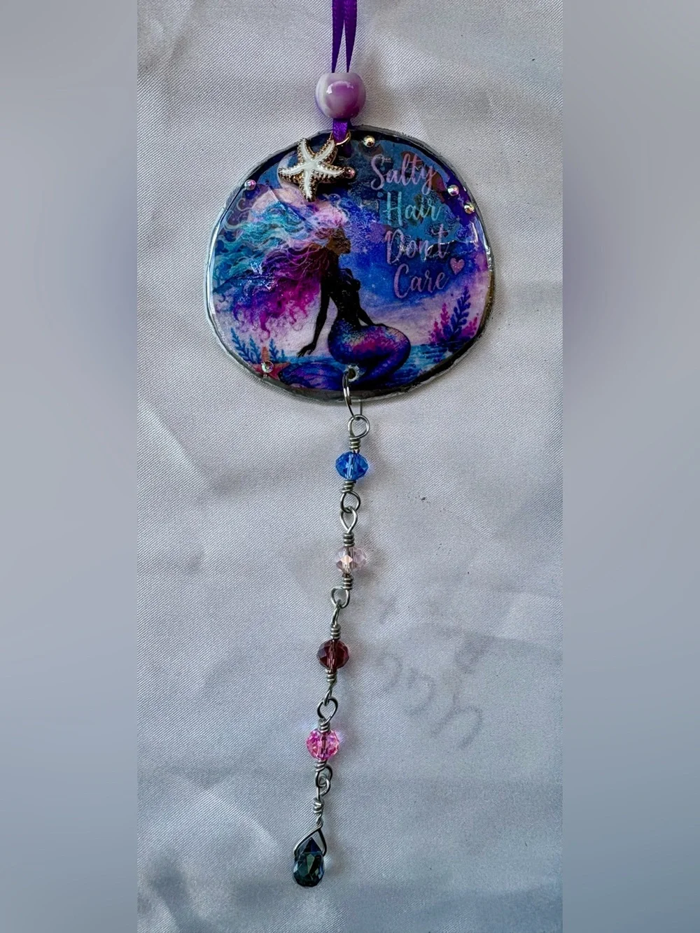 Decoupage Mermaid 'Salty Hair Don't Care' Purple & Blue Crystal Suncatcher